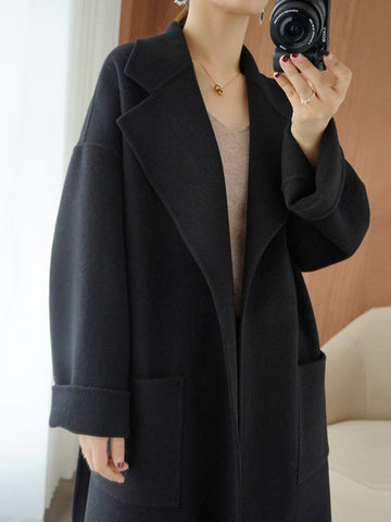 Airchics longue manteau en laine avec poches ceinture col revers manches longues femme mode